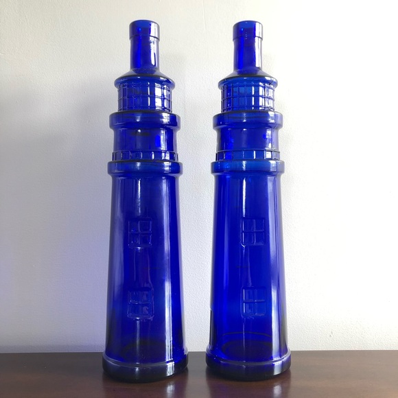 Set of Matching Blue Glass Lighthouse Vases